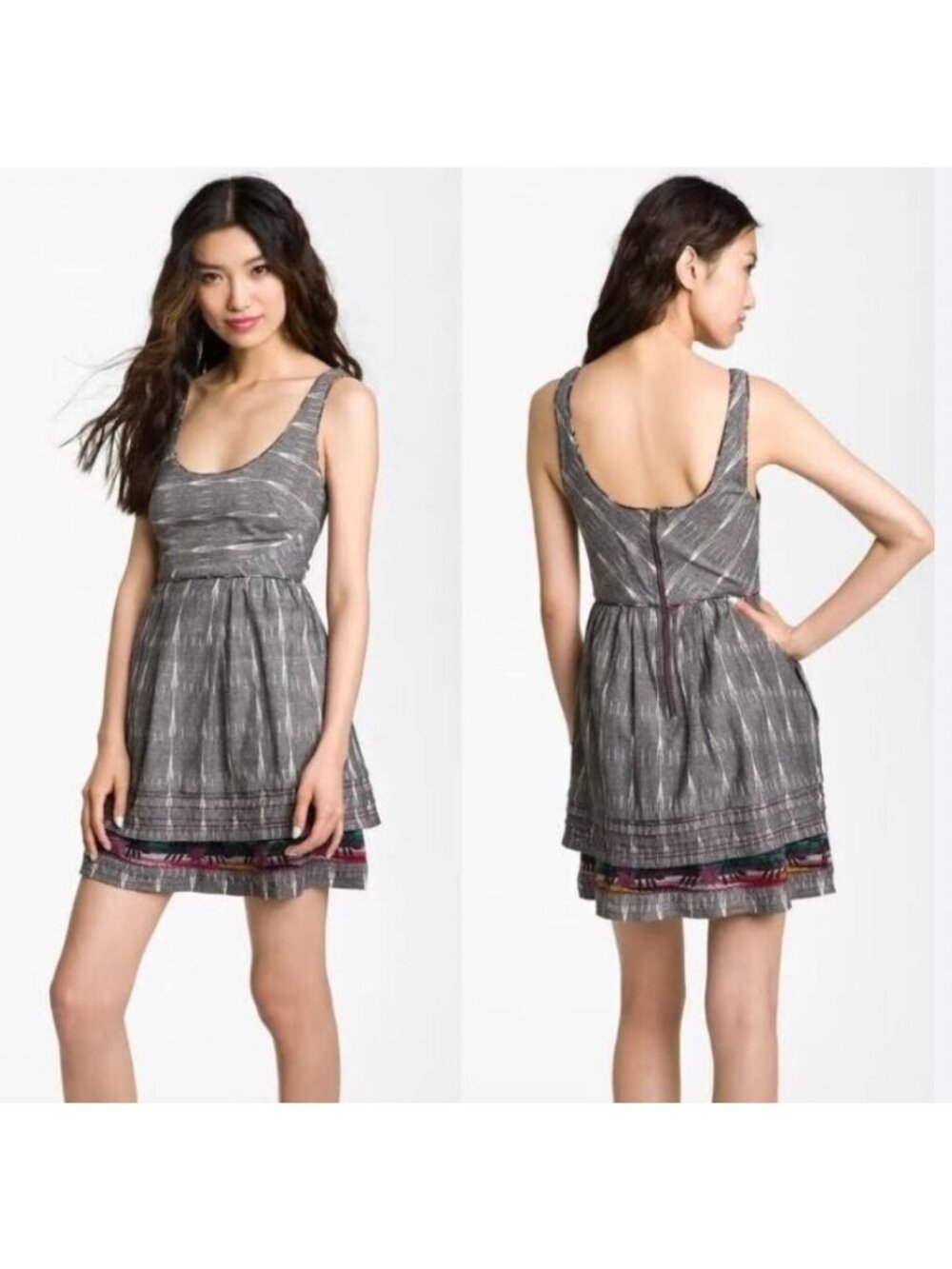 Free People Vane Tank Dress Womens 6 Gray Ikat Embroidery New
